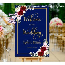 Navy Burgundy Wedding Welcome Sign,Welcome sign with Burgundy Flowers,(125w)